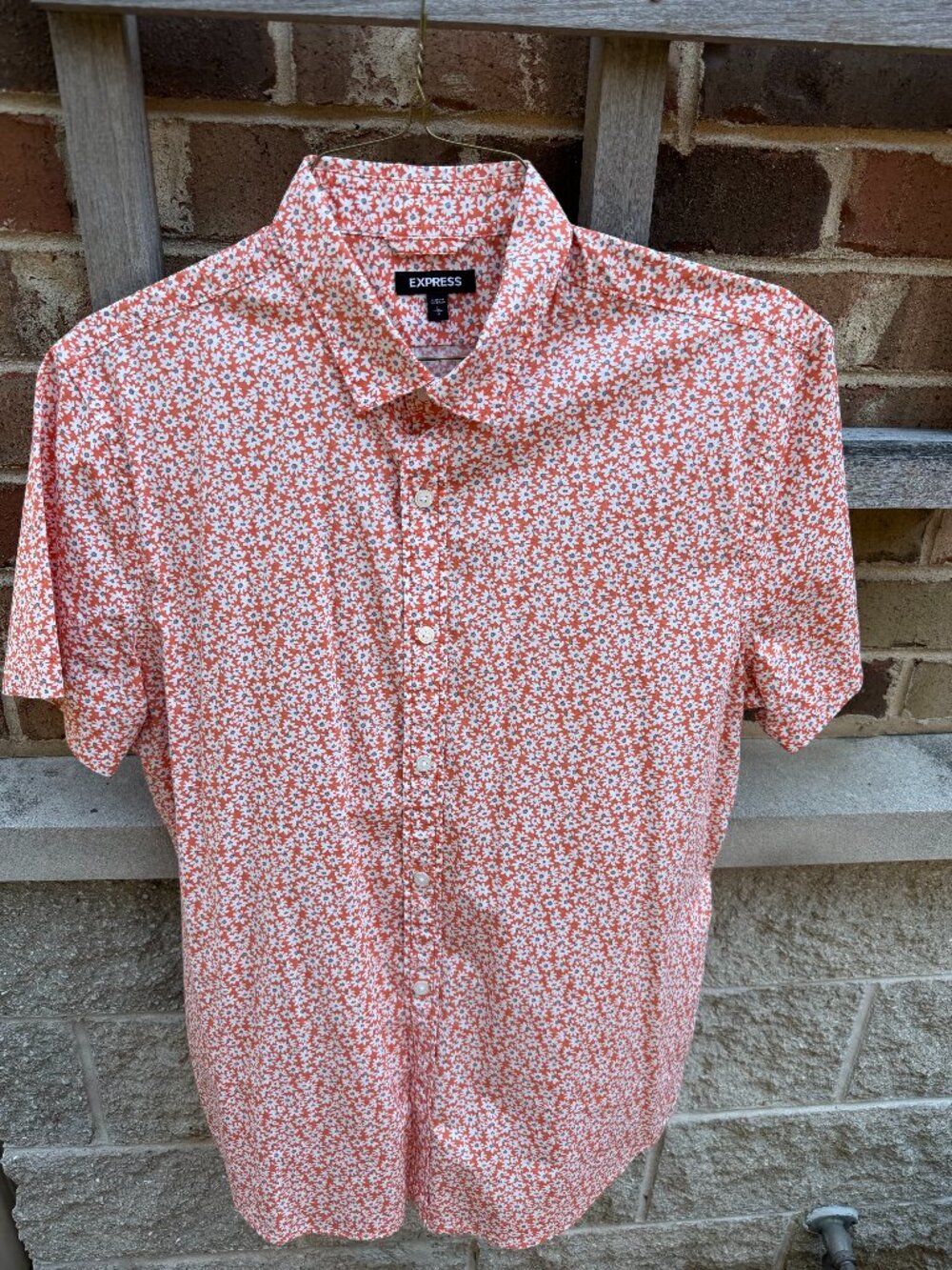 Express Floral Short-Sleeve Button-Down Casual Shirt Orange White Large
